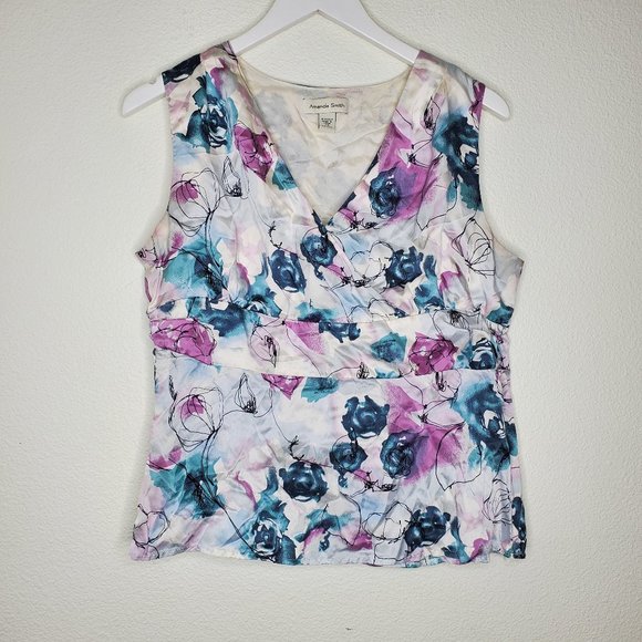 Amanda Smith Tops - Amanda Smith Green Purple Floral Silk Blouse